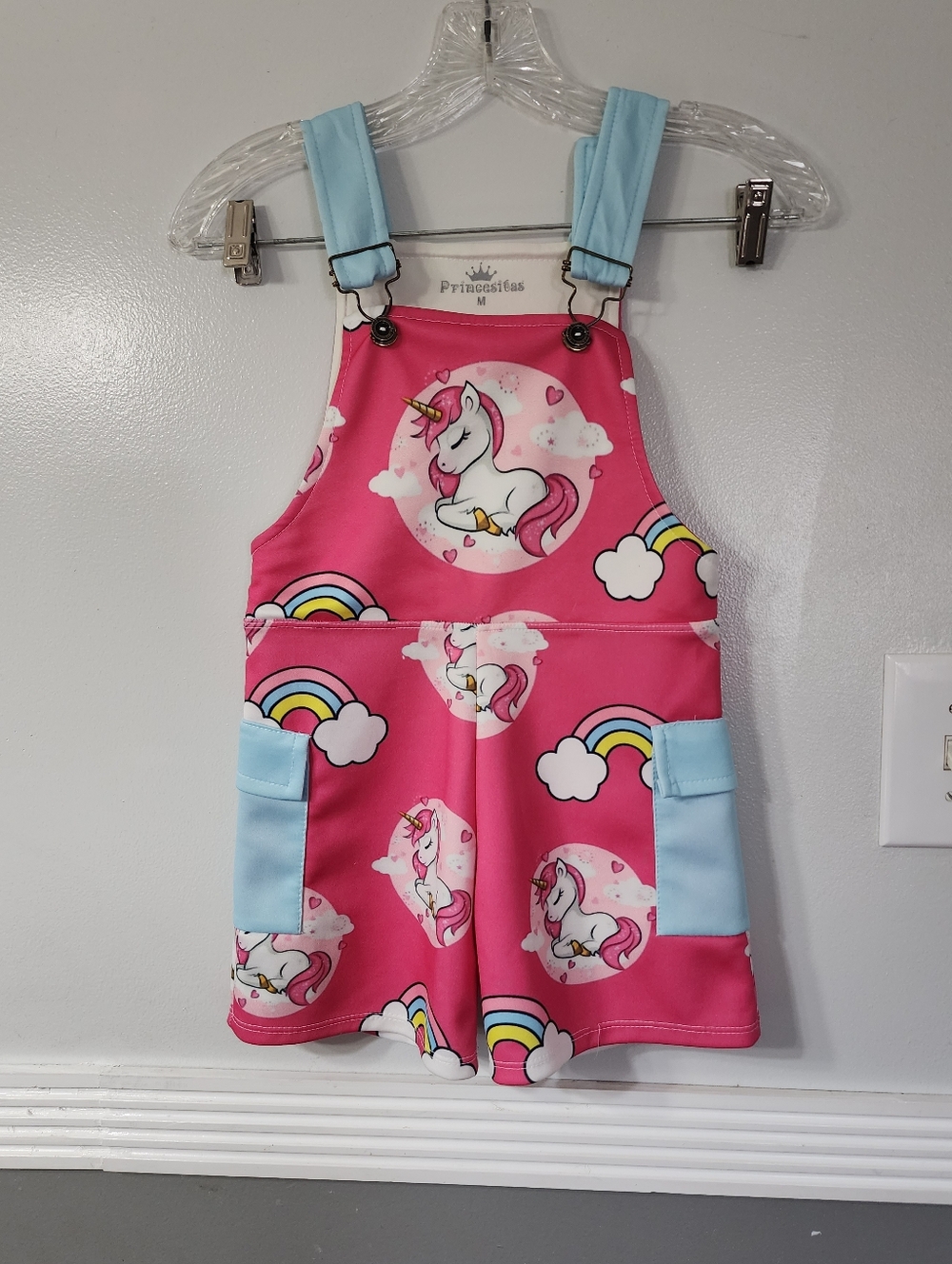 Pink Unicorn Print Kids Overalls with Light Blue Straps